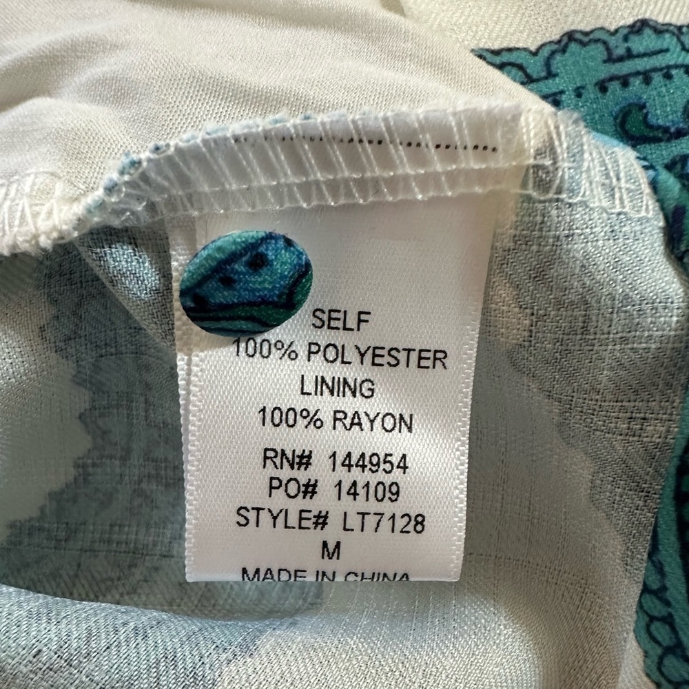 Luxxel Teal and White Paisley Tie-Front Blouse - Picture 4 of 6